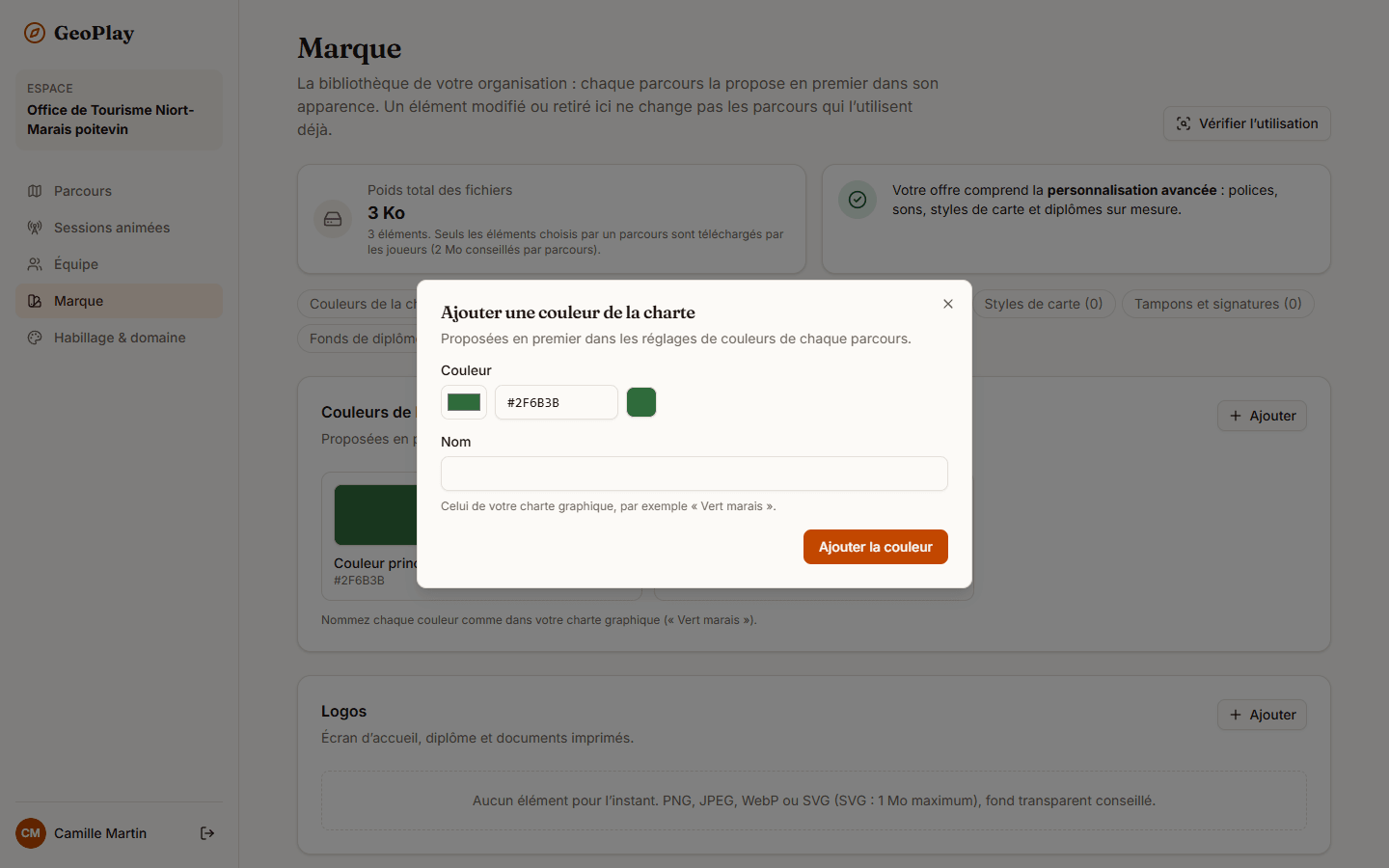 Fenêtre Ajouter une icône ouverte depuis la page Marque : zone Glissez un fichier ici ou cliquez pour choisir, contrainte de format, champ du nom et bouton Ajouter à la marque.