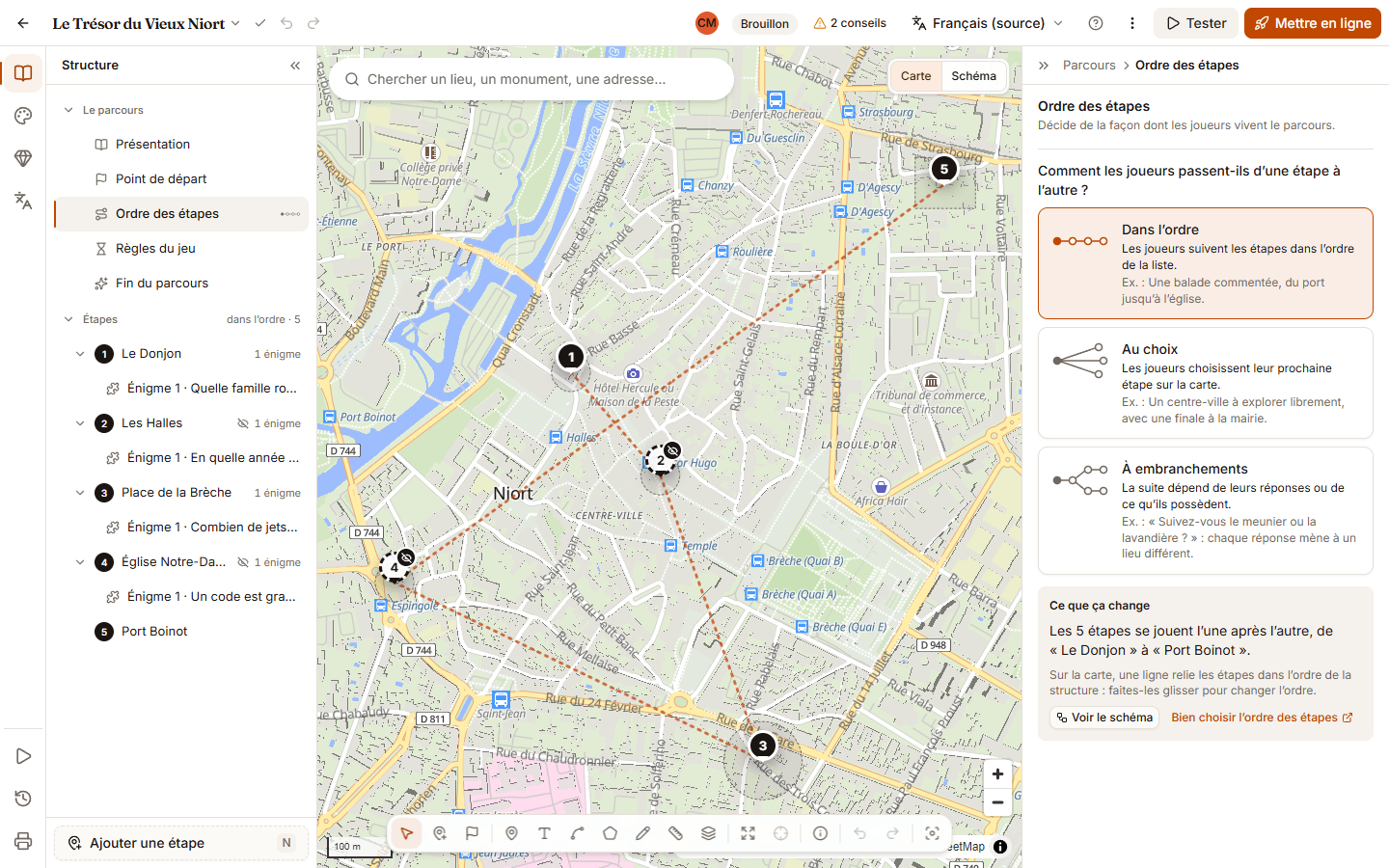 Mode Parcours avec « Ordre des étapes » sélectionné dans la structure : à droite, la question « Comment les joueurs passent-ils d’une étape à l’autre ? », trois cartes illustrées Dans l’ordre, Au choix et À embranchements, puis l’encadré « Ce que ça change ».