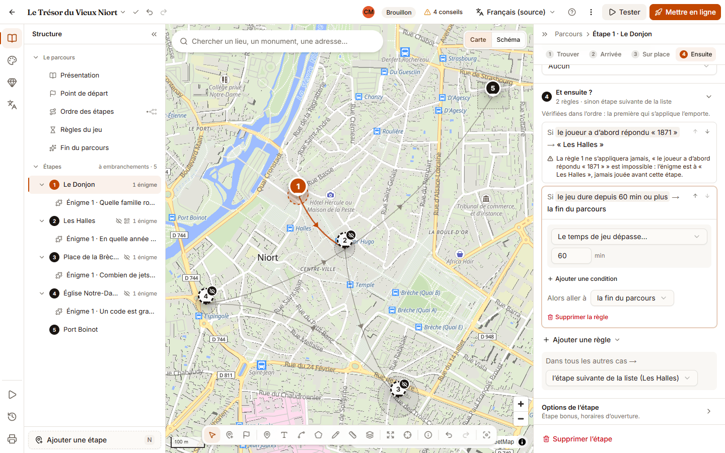 Panneau de droite d’une étape d’un parcours À embranchements : section 4 Et ensuite ? avec des règles qui se lisent « Si … aller à … », puis le bouton Ajouter une règle ; la barre du haut du panneau affiche « 4 Ensuite ».