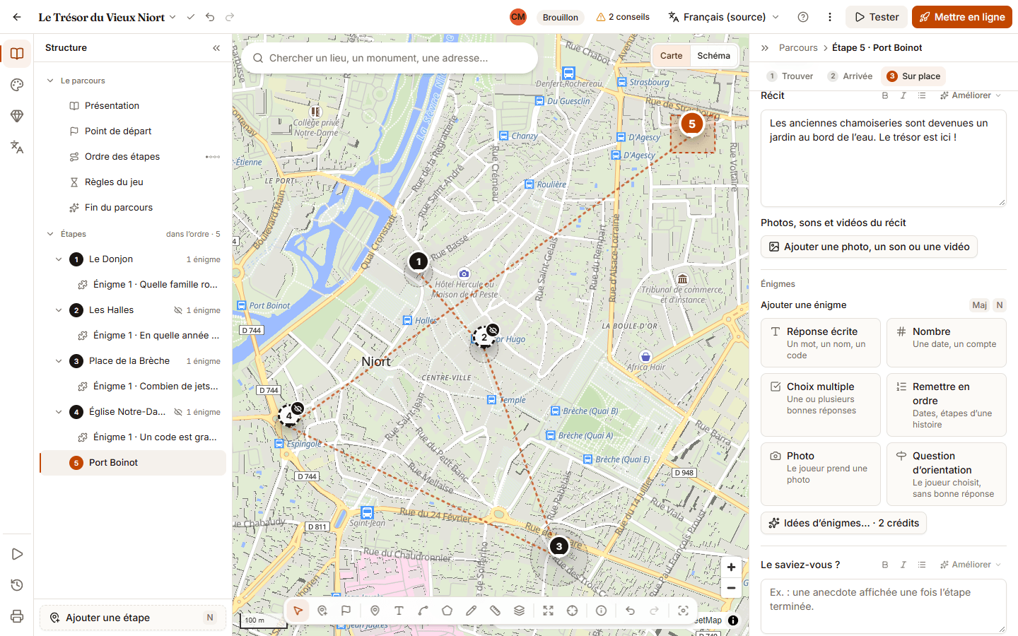 Bloc « Ajouter une énigme » de la section 3 Sur place d’une nouvelle étape : six cases Réponse écrite, Nombre, Choix multiple, Remettre en ordre, Photo et Question d’orientation, chacune avec une courte description.