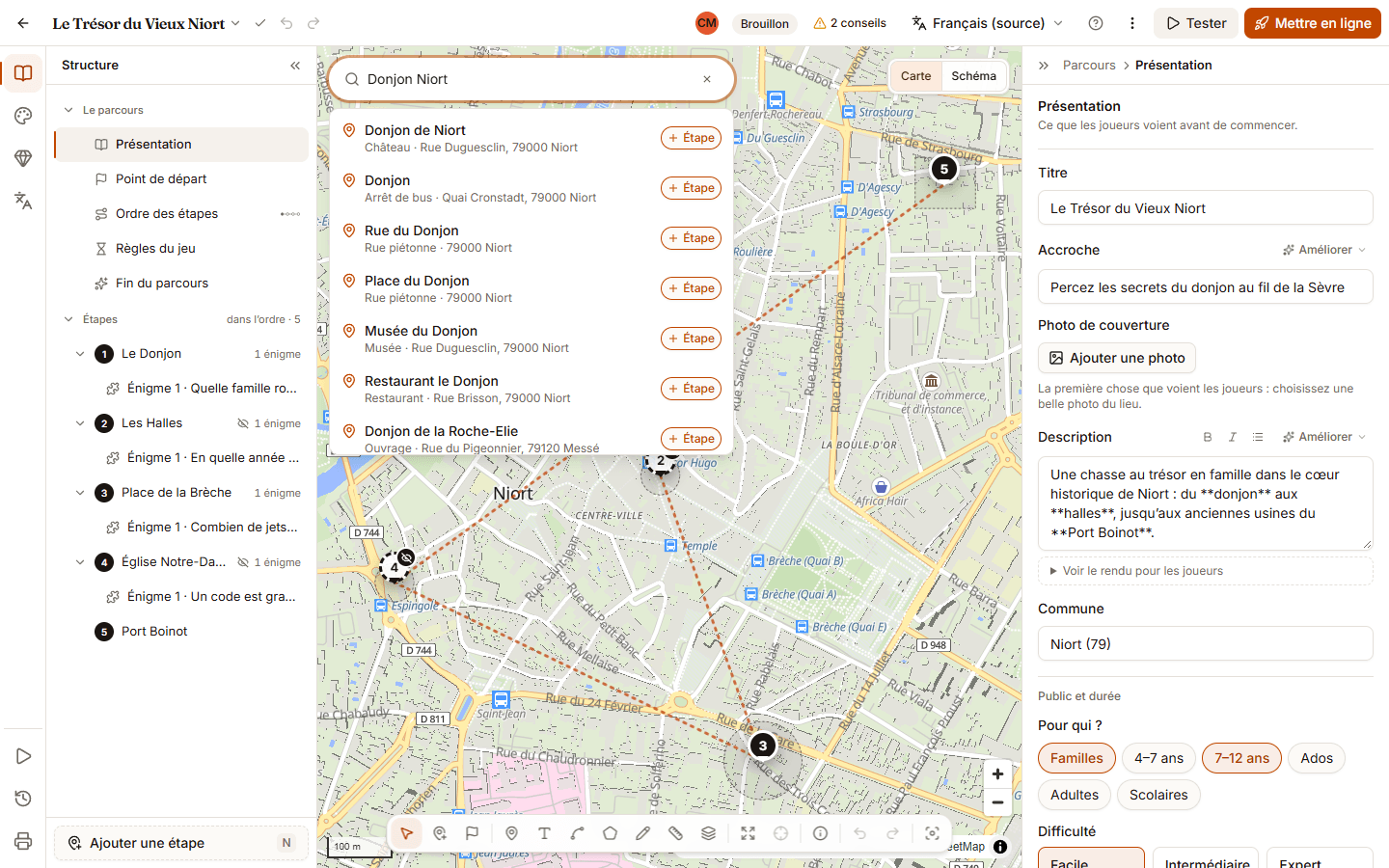 Barre de recherche de la carte avec un nom de monument saisi ; la liste des lieux trouvés est ouverte, chaque résultat avec sa catégorie, son adresse et un bouton « + Étape ».