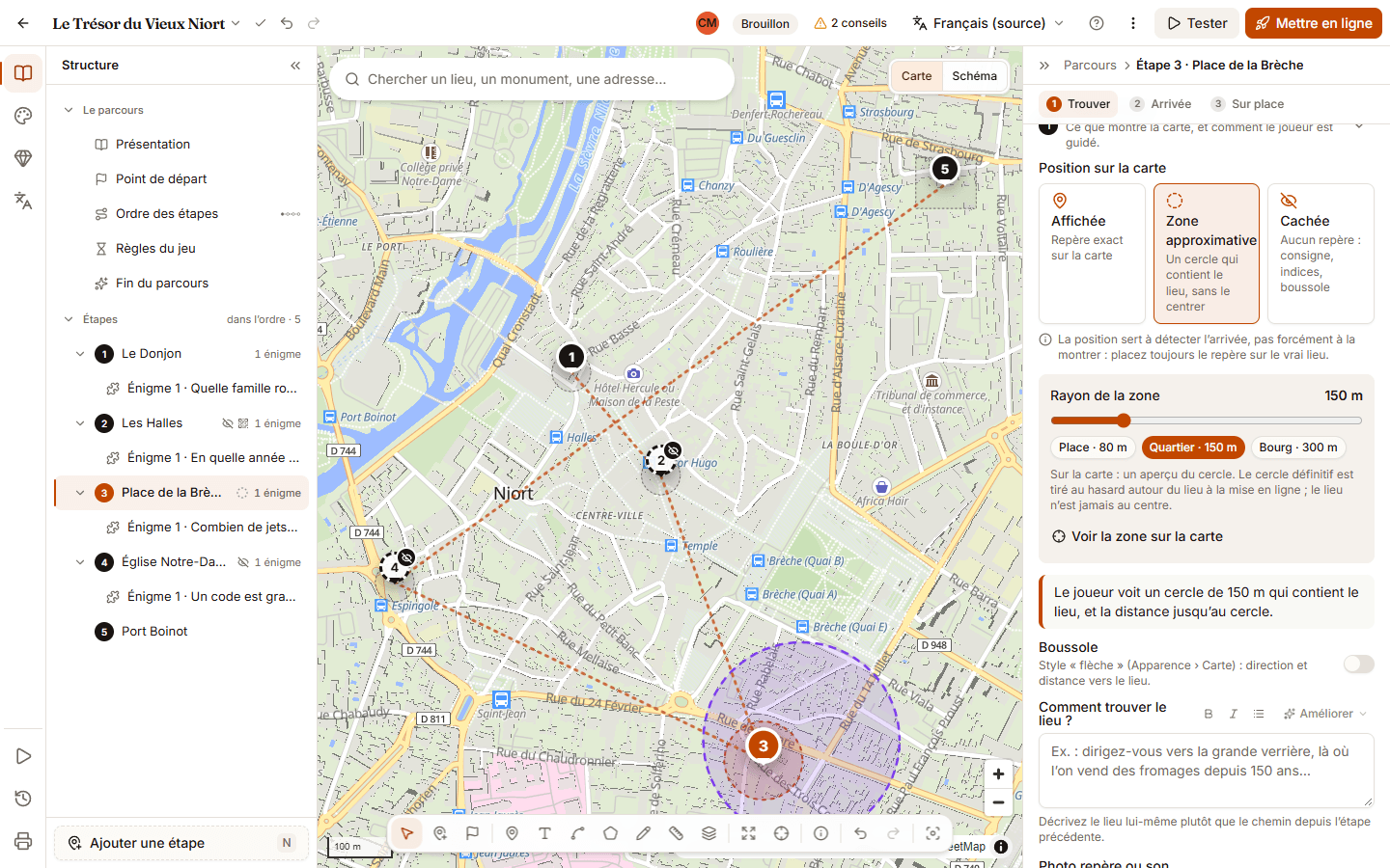 Section 1 Trouver le lieu d’une étape avec « Zone approximative » choisie, le rayon de la zone et ses préréglages Place, Quartier, Bourg ; sur la carte, un cercle violet en pointillés contient le repère de l’étape.