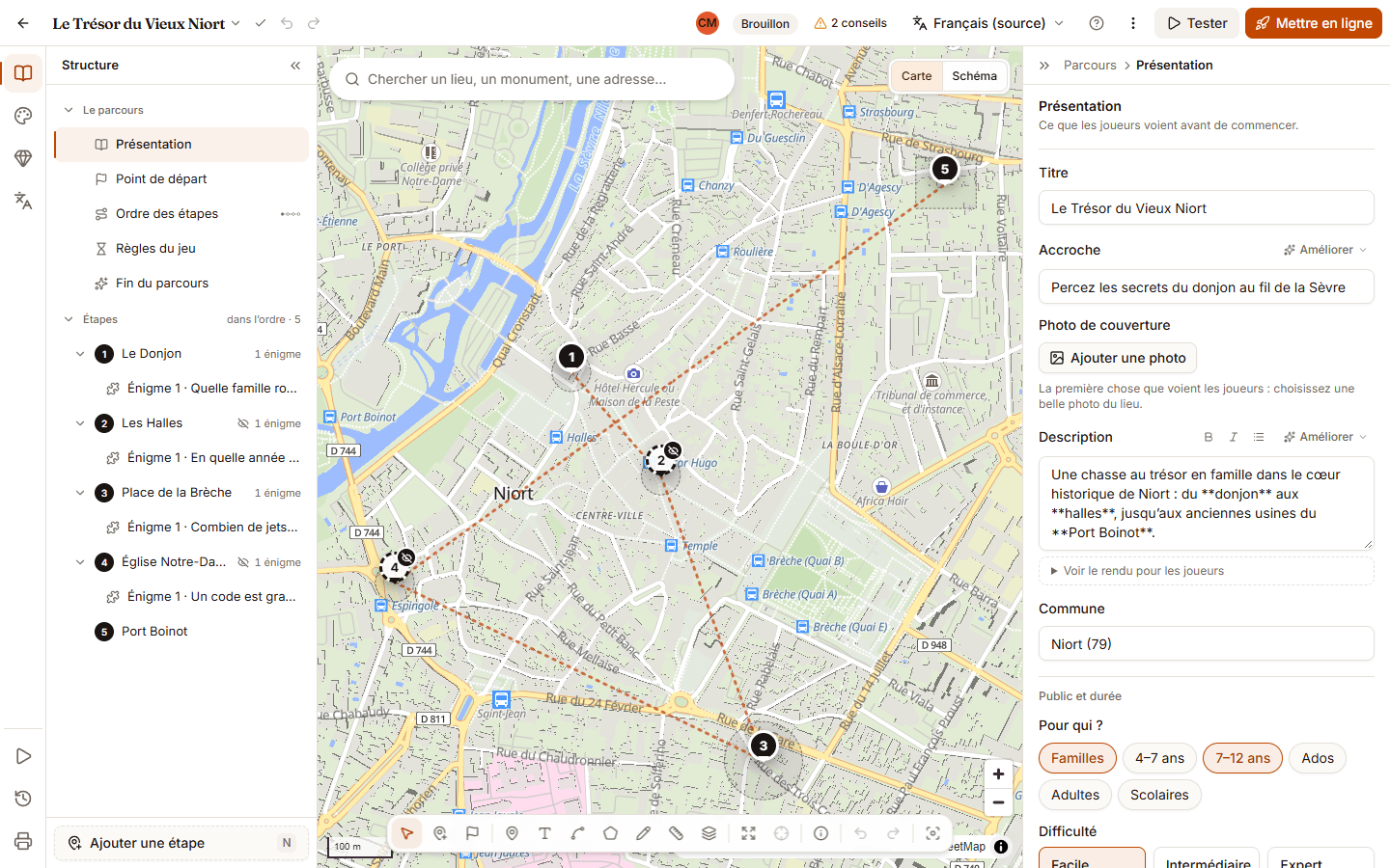 Mode Parcours avec « Présentation » sélectionné dans la structure ; à droite, les champs Titre et Accroche, la photo de couverture, la description, la commune et les boutons Pour qui ?.