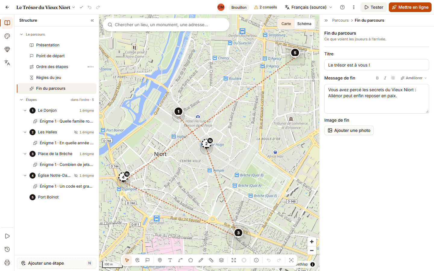 Mode Parcours avec « Fin du parcours » sélectionné dans la structure ; à droite, champs Titre, Message de fin avec son exemple, et bouton d’ajout de l’image de fin.