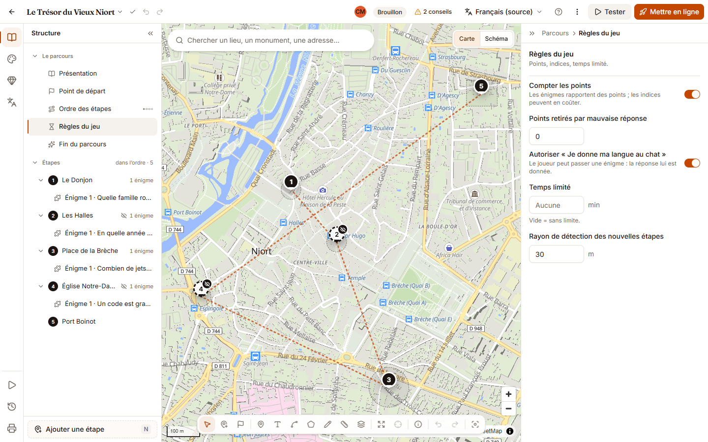 Mode Parcours avec « Règles du jeu » sélectionné dans la structure ; à droite, interrupteurs Compter les points et Autoriser « Je donne ma langue au chat », champ Points retirés par mauvaise réponse, champs Temps limité en minutes et Rayon de détection des nouvelles étapes en mètres.