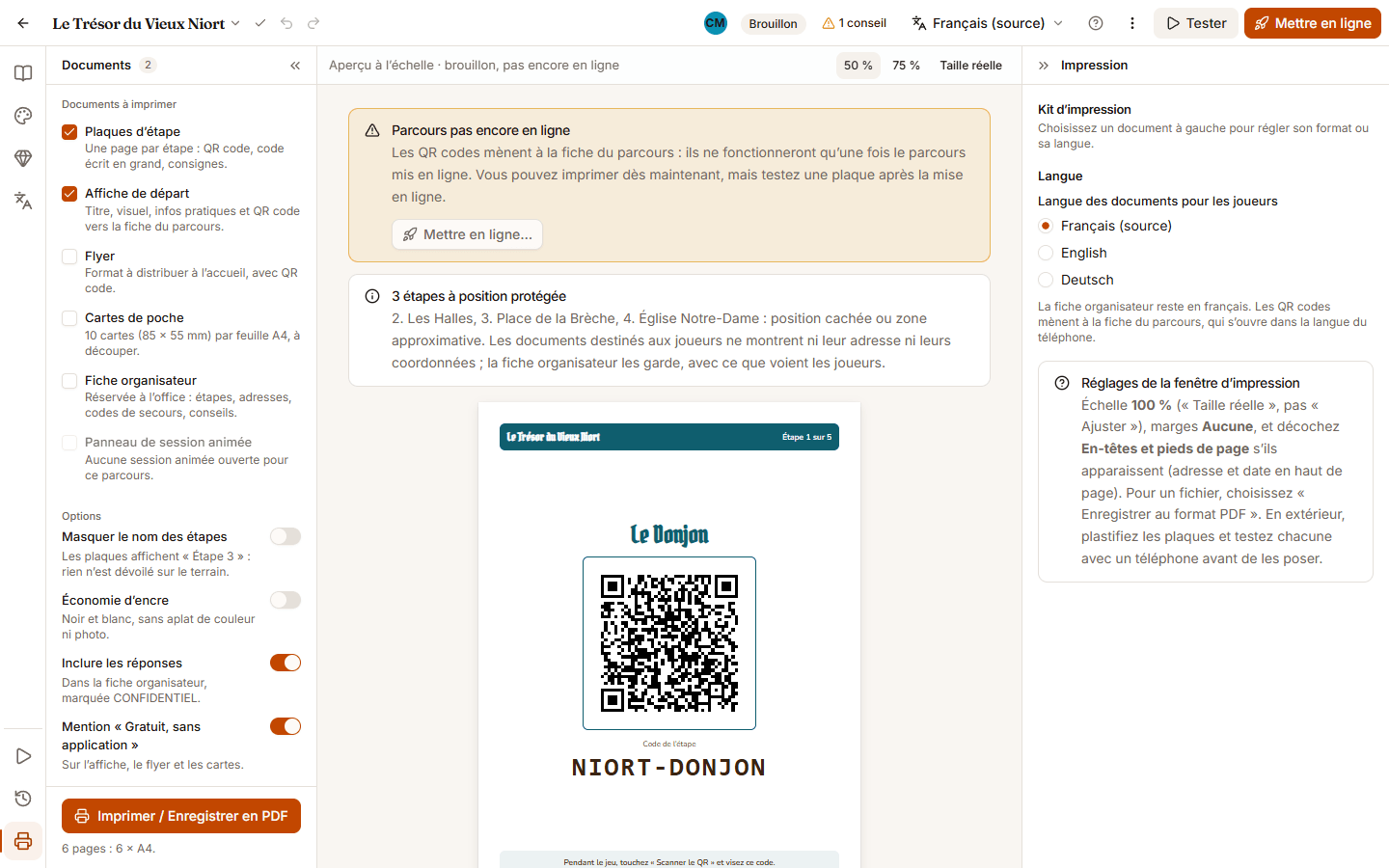 Mode Impression de l’éditeur : à gauche les cases des documents et les options Masquer le nom des étapes, Économie d’encre et Inclure les réponses ; au centre l’aperçu à l’échelle d’une plaque d’étape ; à droite la langue des documents et les réglages de la fenêtre d’impression.