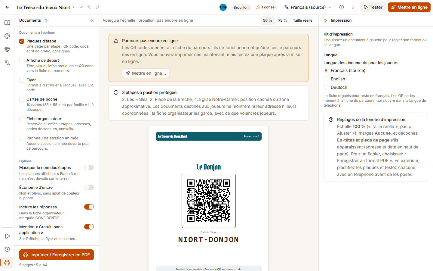 Mode Impression avec les Plaques d’étape cochées : l’aperçu montre des plaques A4 avec le numéro de l’étape, un grand QR code et le code de l’étape écrit en dessous.