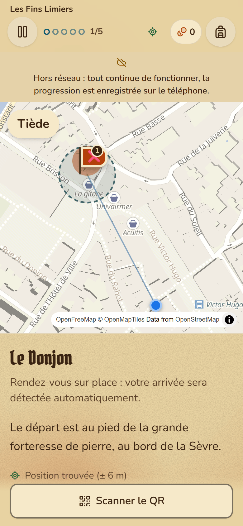 Partie en cours sur un téléphone : en haut, le bandeau Hors réseau indique que tout continue de fonctionner, et la carte de l’étape reste affichée en dessous.