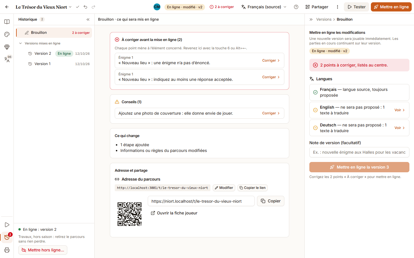 Mode Versions d’un parcours incomplet, brouillon sélectionné : au centre la liste À corriger avant la mise en ligne, chaque message avec un lien Corriger, puis les Conseils ; à droite l’encadré rouge des points à corriger et le bouton Mettre en ligne inactif.