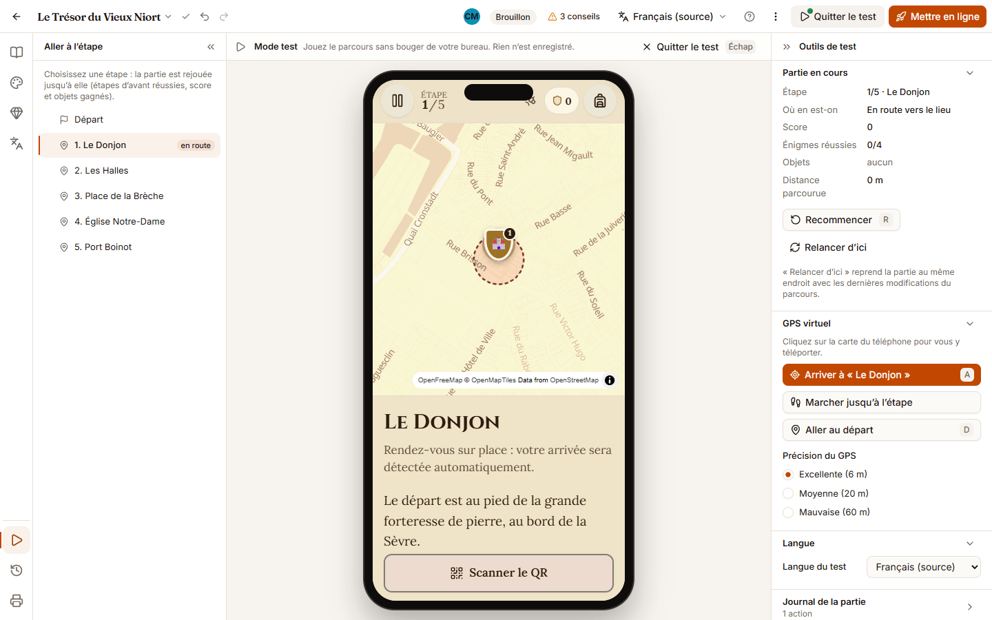 Éditeur en mode Tester : à gauche la liste Aller à l’étape, au centre le téléphone qui affiche la carte du jeu, à droite les outils de test avec la partie en cours et le GPS virtuel : Arriver à l’étape, Marcher jusqu’à l’étape, Aller au départ et la précision du GPS.